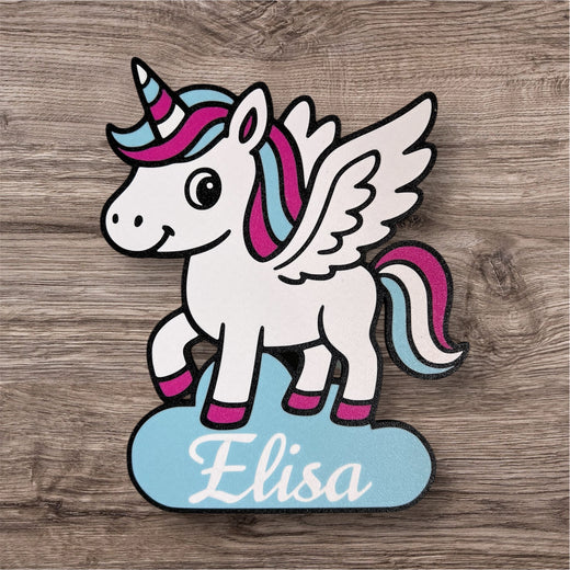 Unicornio alado personalizado con nombre, decoración infantil impresa en 3D