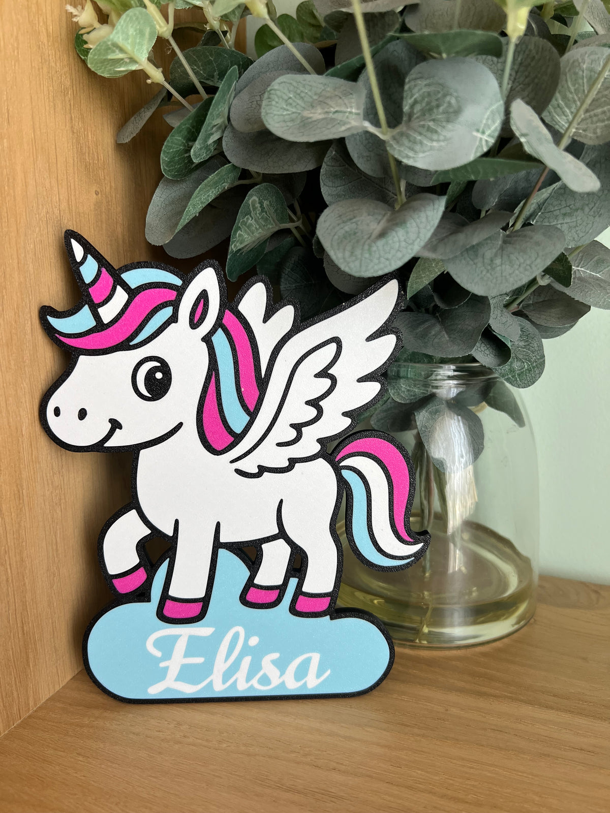 Figura decorativa infantil de unicornio alado con nombre
