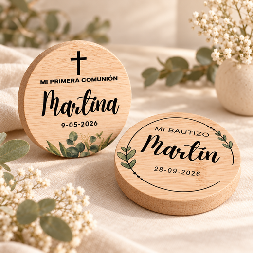 Abridor de botellas de madera personalizado para bautizo y comunión