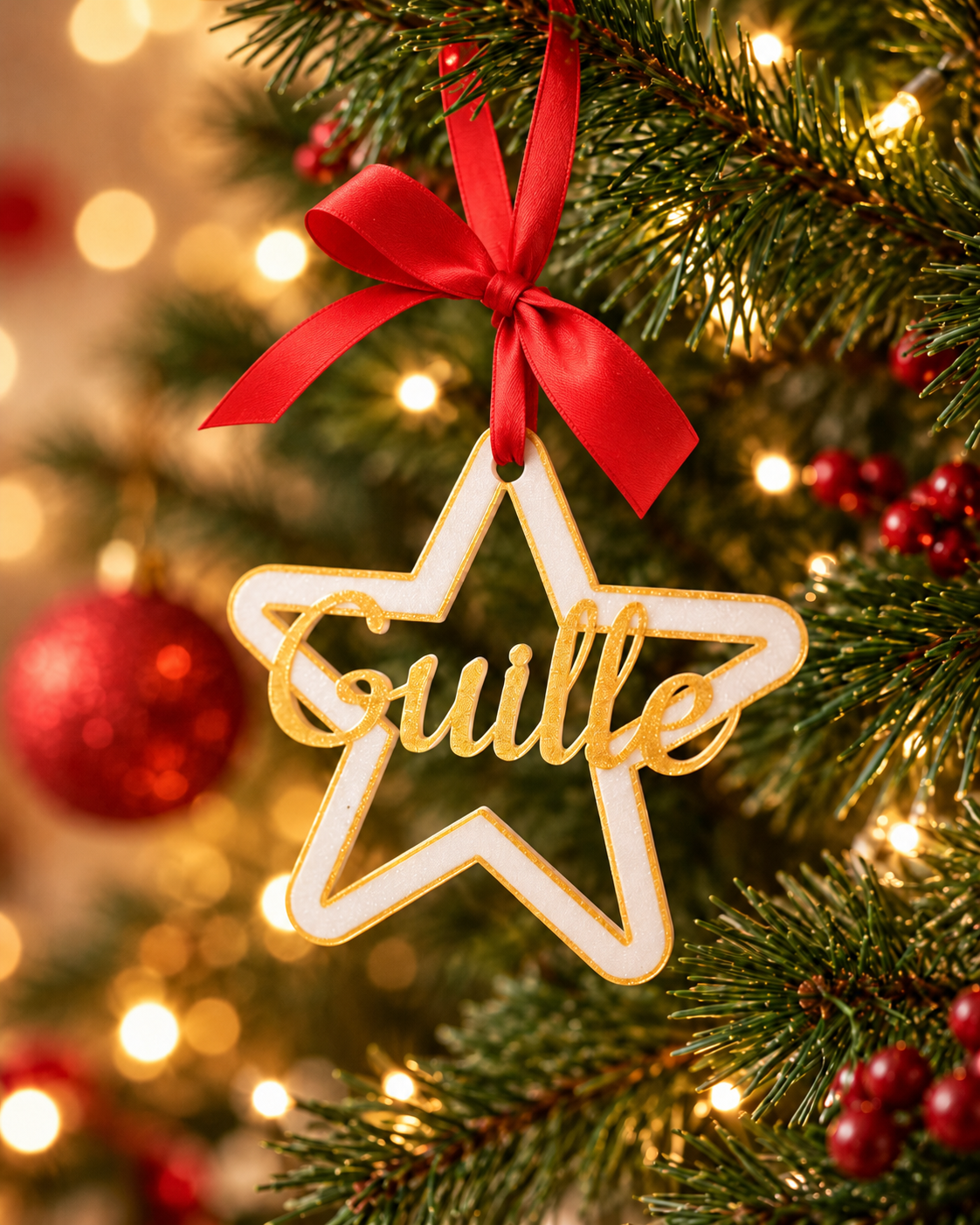 Adorno de Navidad con forma de estrella y nombre Guille, blanco y dorado, en un árbol