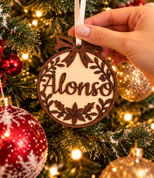 Adorno de madera con el nombre Alonso sostenido por la cinta frente al árbol de Navidad