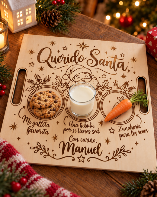 Bandeja navideña personalizada Querido Santa con galletas, leche y zanahoria en un ambiente navideño