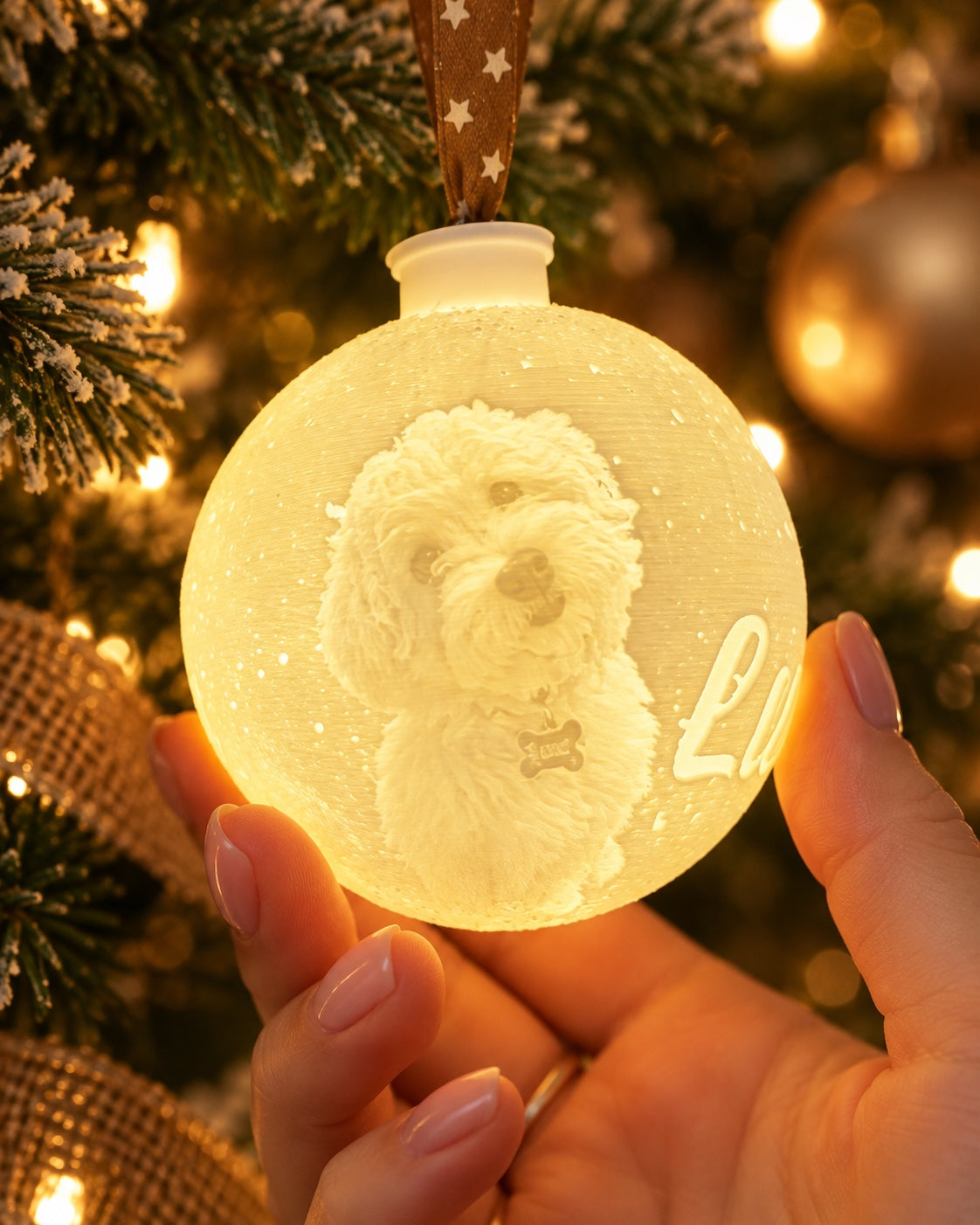 Bola de Navidad 3D LED con foto personalizada de una mascota iluminada en árbol navideño