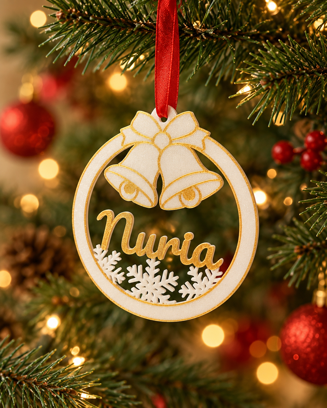 Adorno navideño personalizado con campanas y nombre Nuria, en blanco y dorado