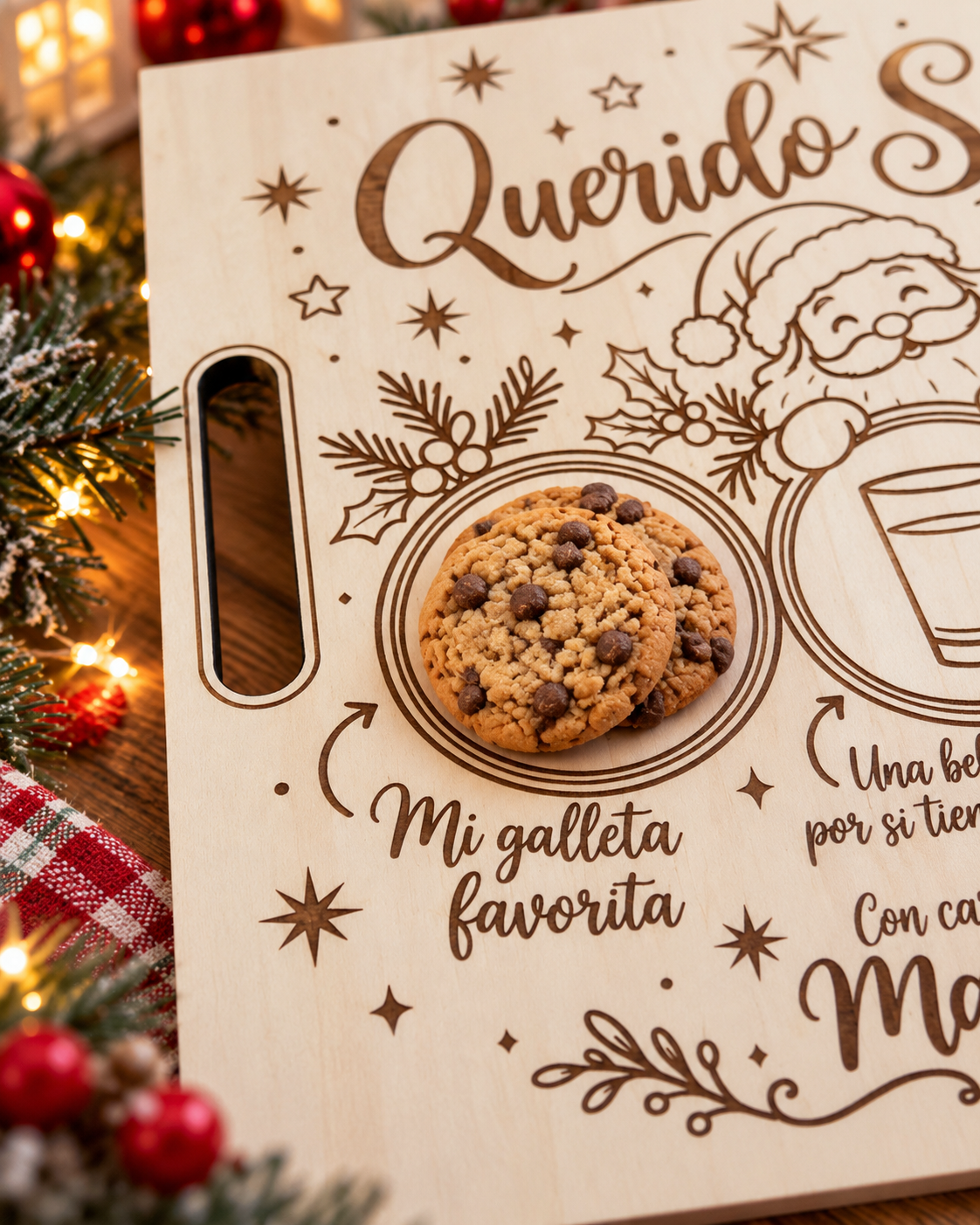 Detalle grabado de la zona para galletas de la bandeja navideña