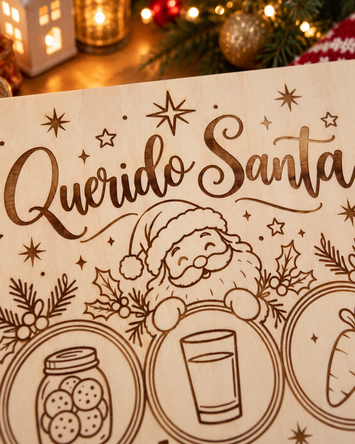 Detalle del grabado de Papá Noel y del texto Querido Santa en la bandeja de madera