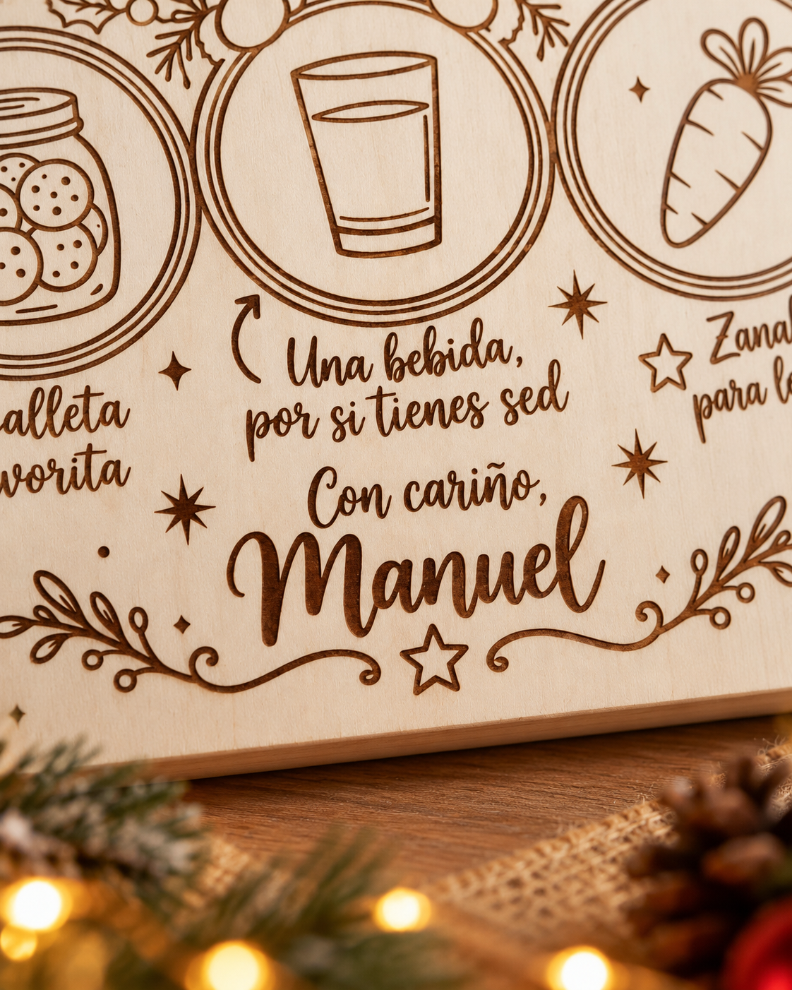 Detalle de personalización de la bandeja navideña con el nombre Manuel