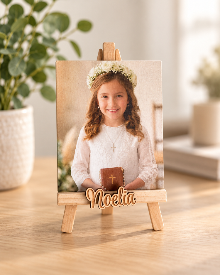 Lienzo de madera personalizado con foto en caballete con nombre Noelia