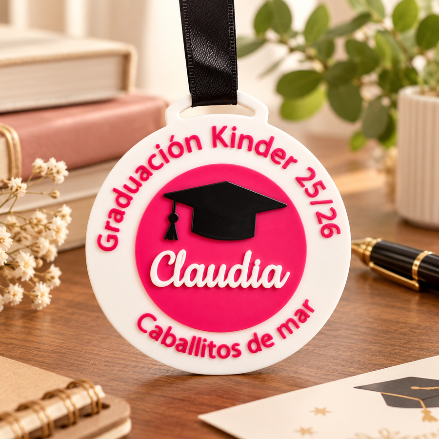 Medalla graduación personalizada Claudia en ambiente de escritorio