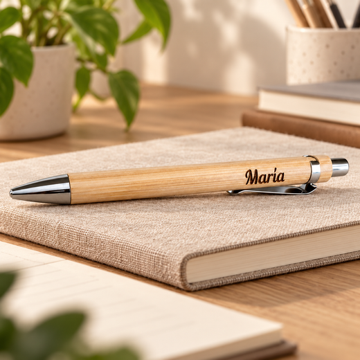 Bolígrafo de bambú personalizado en escritorio neutro