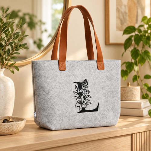 Bolso shopper personalizado con inicial en ambiente neutro con plantas