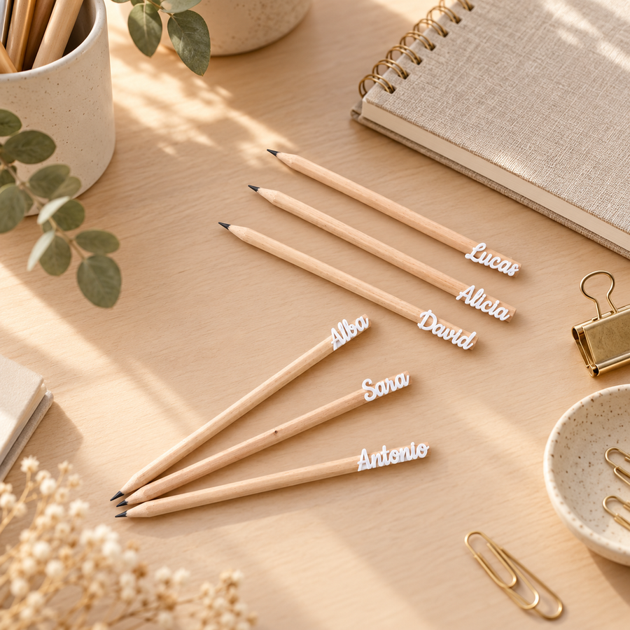 Lápices de madera personalizados con nombres en escritorio cálido