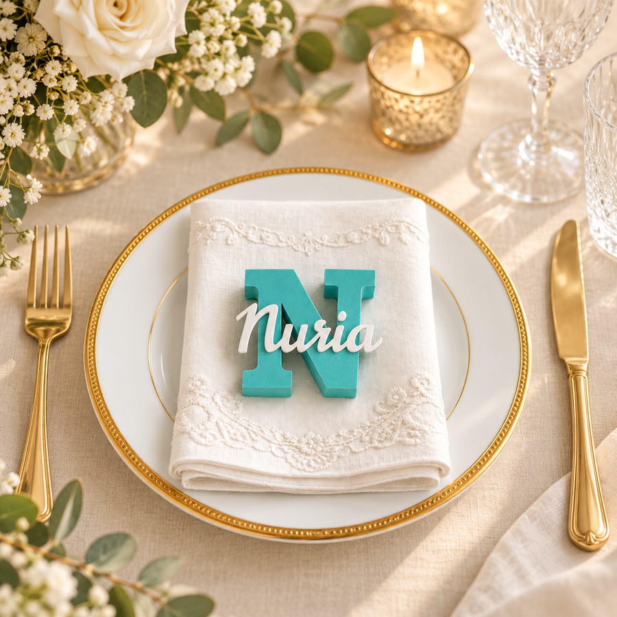 Marcasitios personalizado con nombre Nuria en mesa elegante