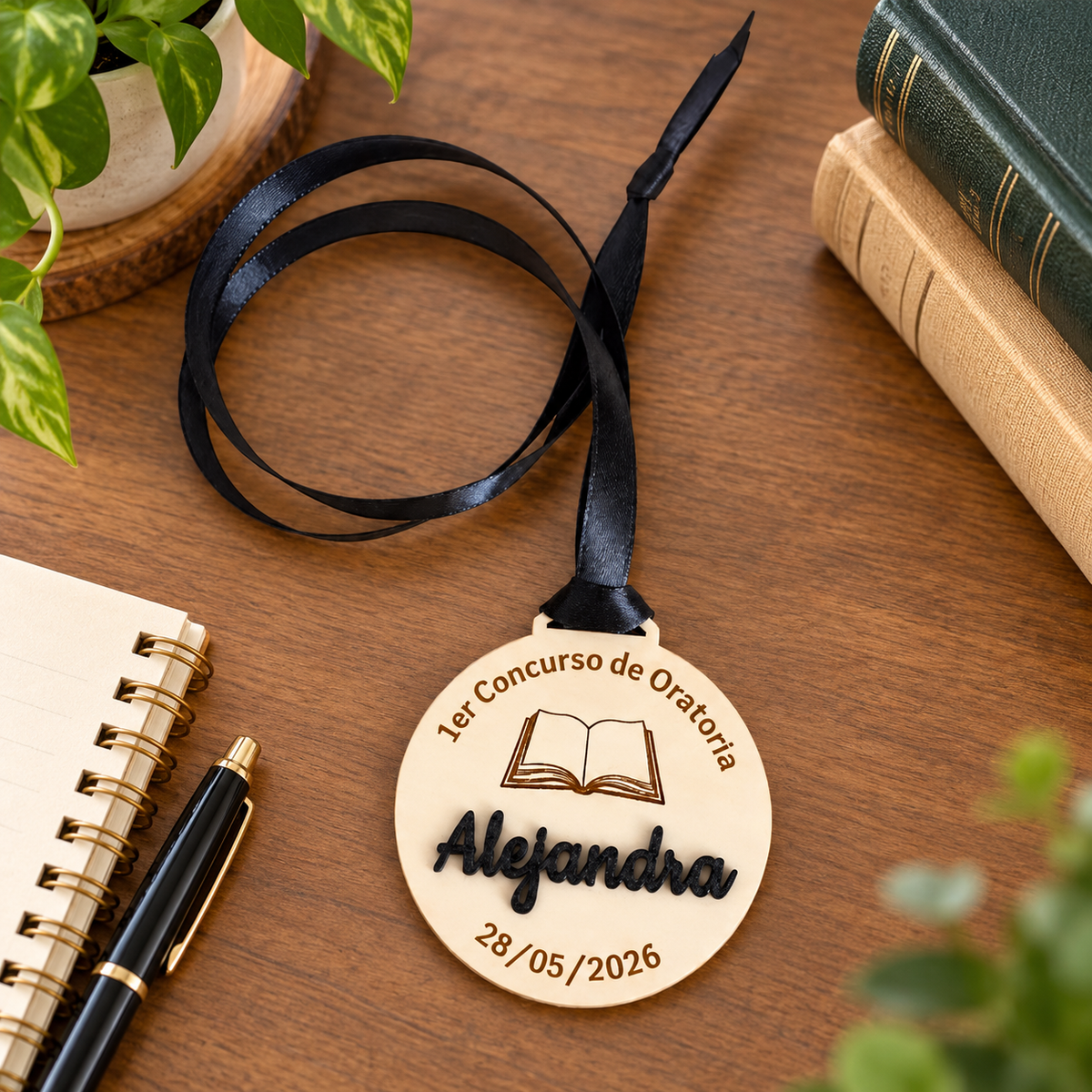 Medalla personalizada en escritorio de estudio
