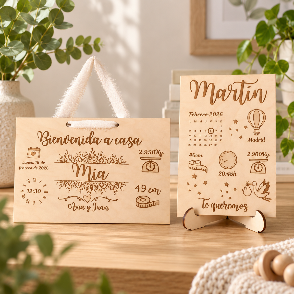 Tabla natalicia personalizada con fondo neutro y plantas