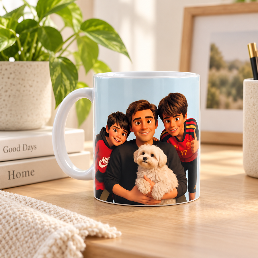 Taza personalizada para papá con familia y perrito
