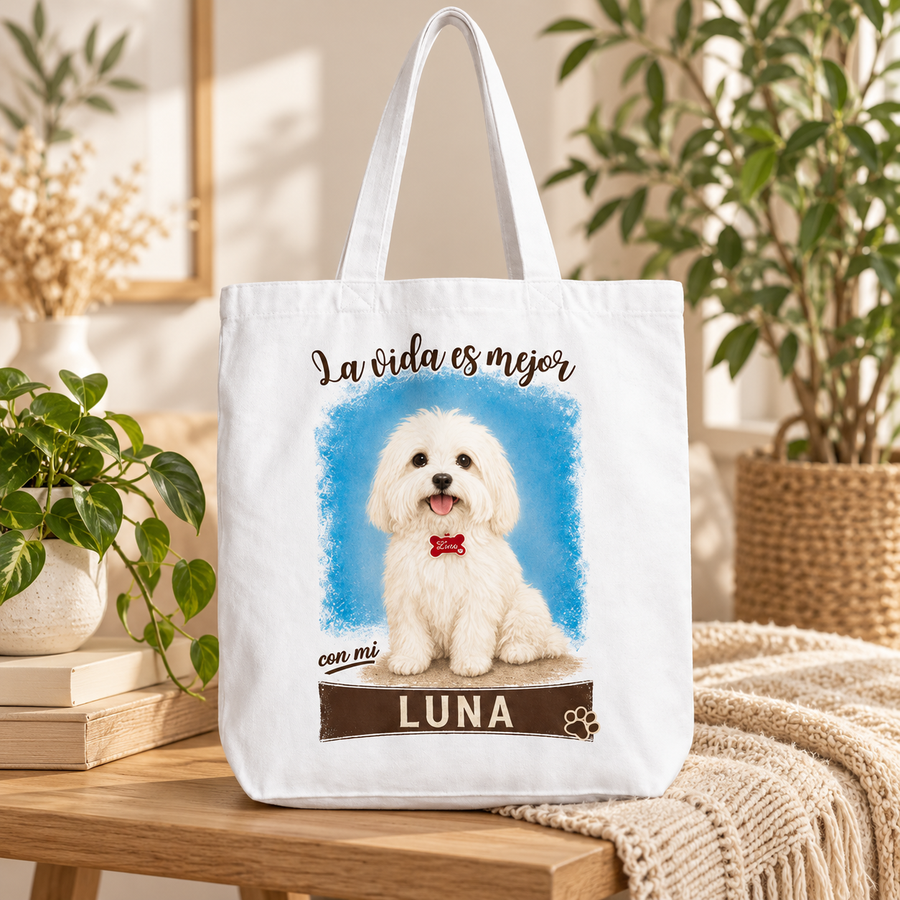 Tote personalizada con mascota en ambiente neutro con plantas